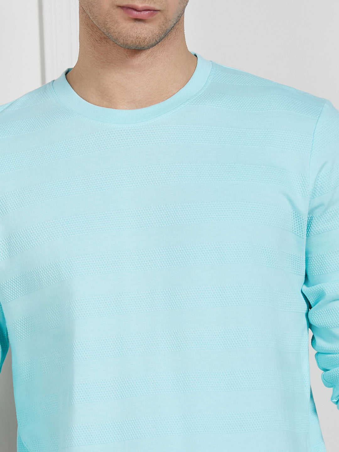 Dennis Lingo Men Light Blue Cotton Regular Fit Textured Round Neck T-Shirt