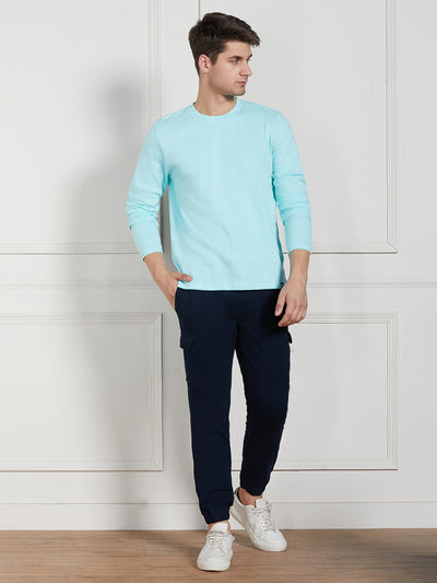 Men's Light Blue Cotton Regular Fit Textured Round Neck T-Shirt