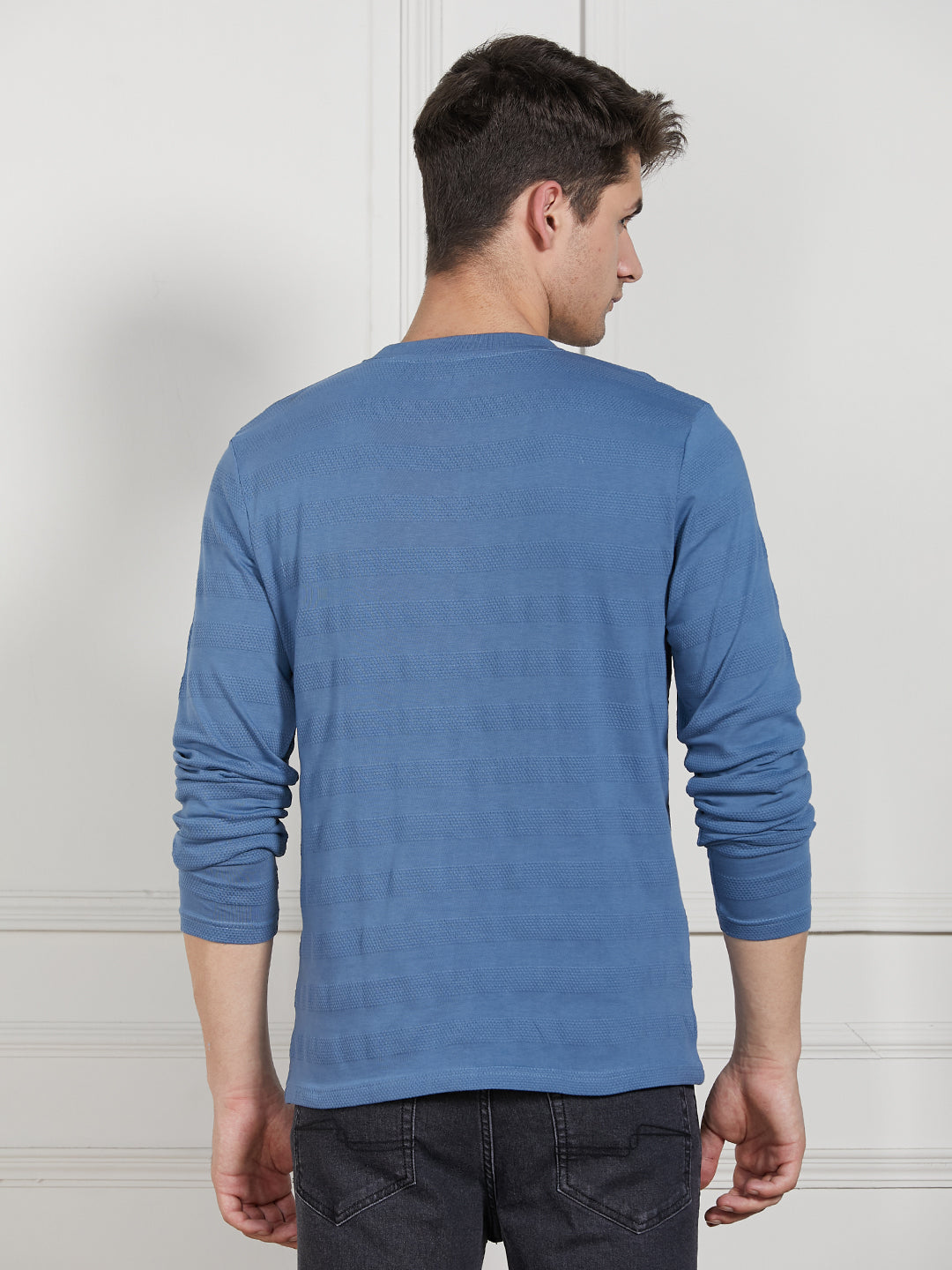 Men's Mid blue Cotton Regular Fit Textured Round Neck T-Shirt