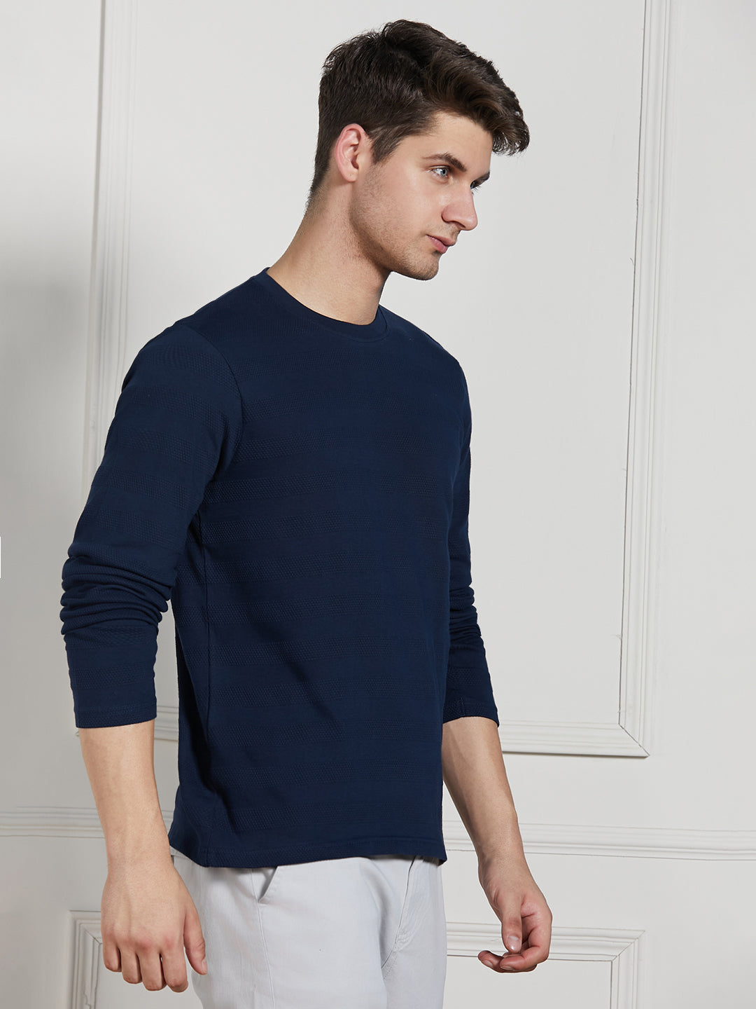 Men's Navy Cotton Regular Fit Textured Round Neck T-Shirt