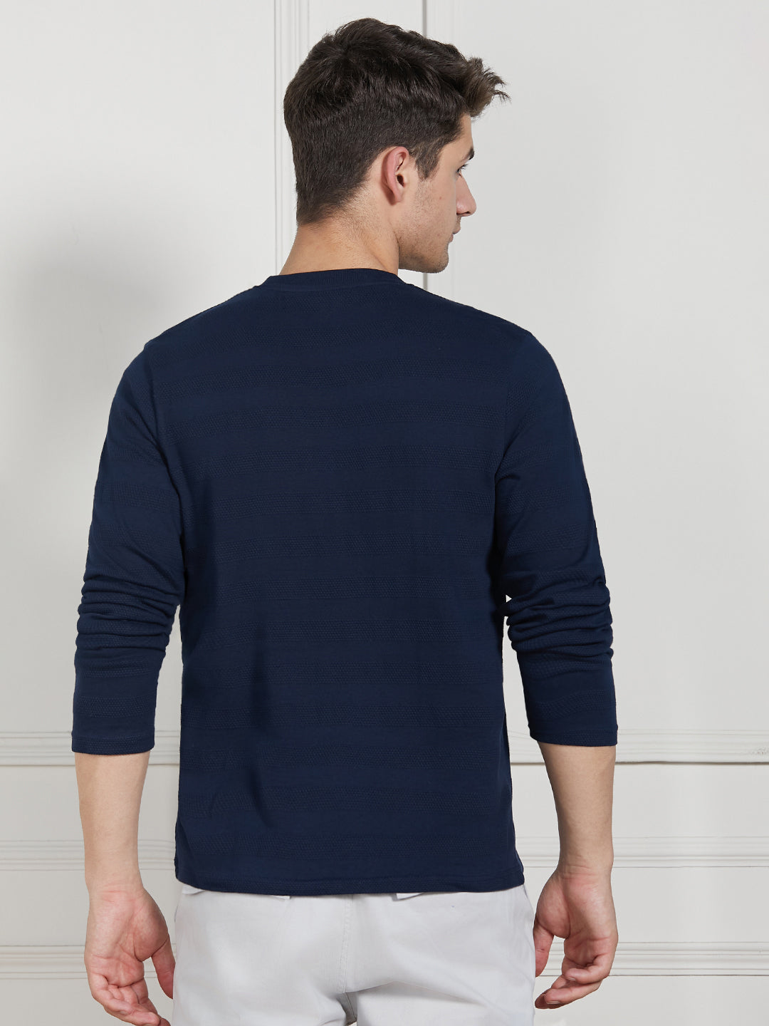 Men's Navy Cotton Regular Fit Textured Round Neck T-Shirt
