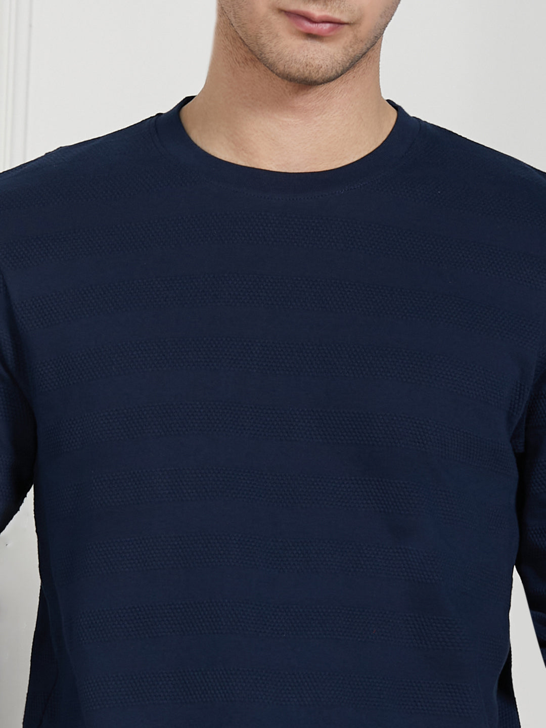 Men's Navy Cotton Regular Fit Textured Round Neck T-Shirt
