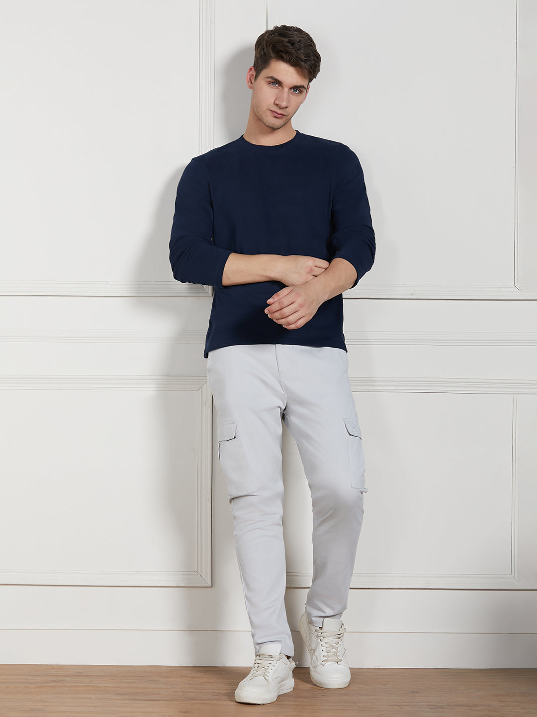 Men's Navy Cotton Regular Fit Textured Round Neck T-Shirt