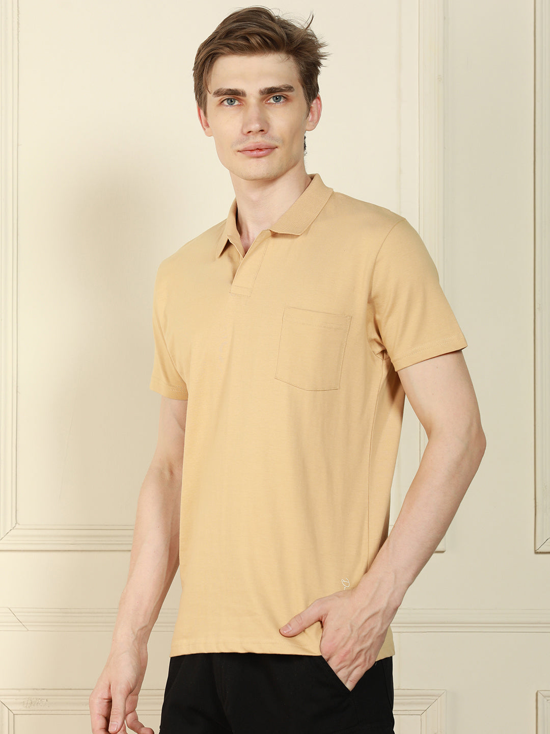 Men's Cream Polo Collar Solid Cotton T-Shirt