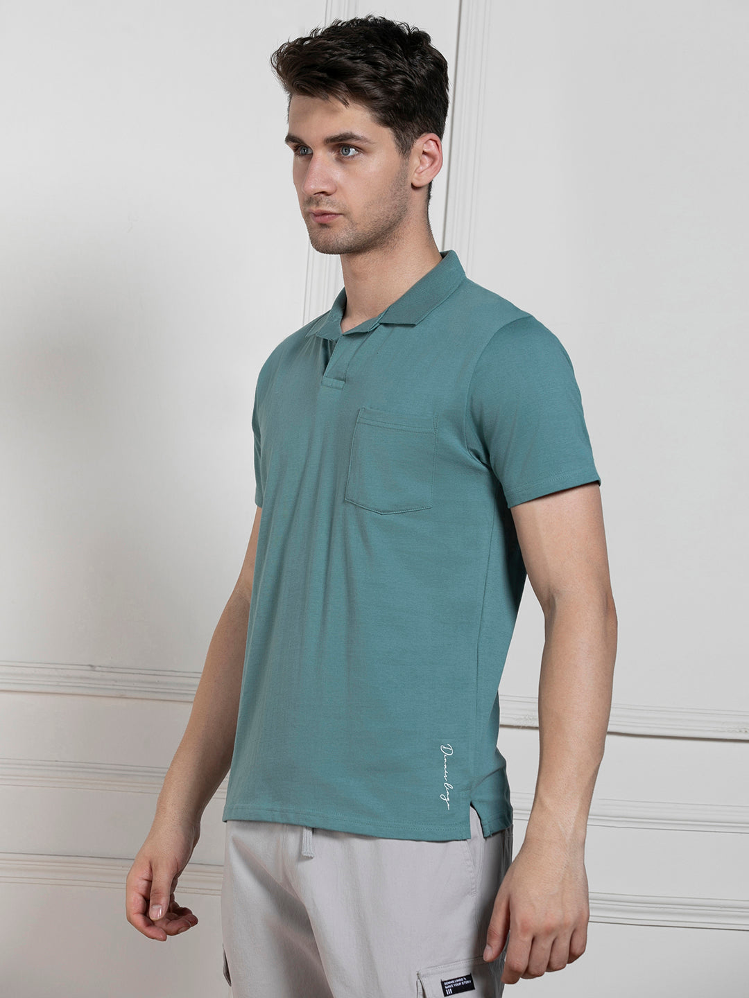 Men's Green Polo Collar Solid Regular Fit T-Shirt