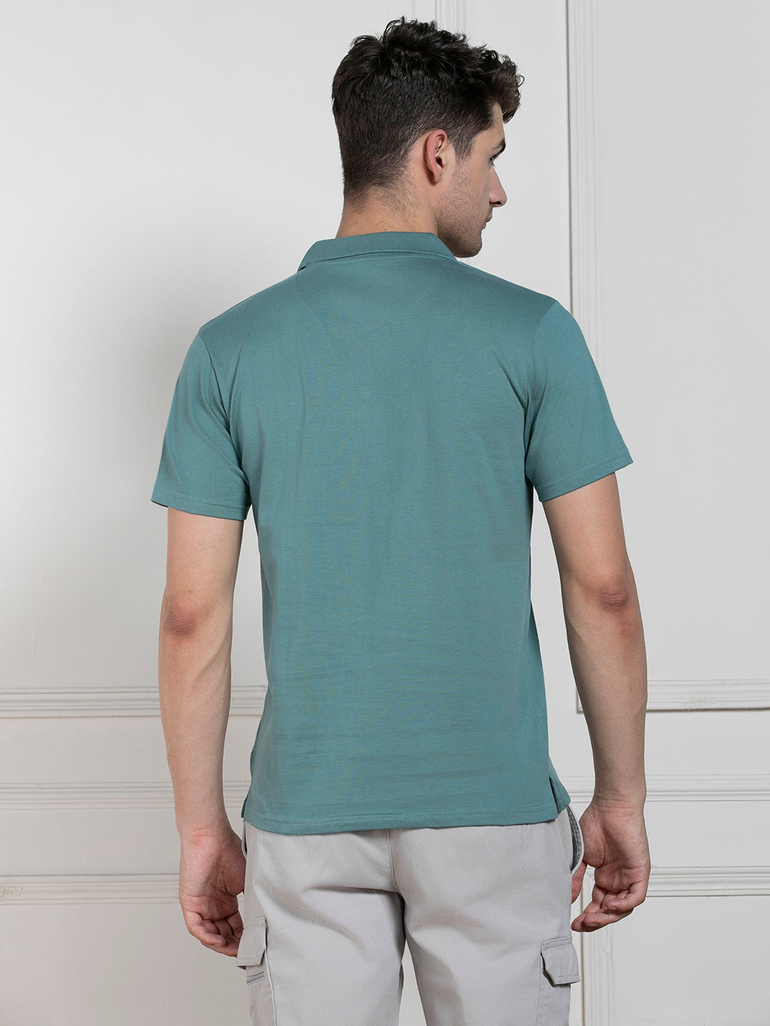 Men's Green Polo Collar Solid Regular Fit T-Shirt
