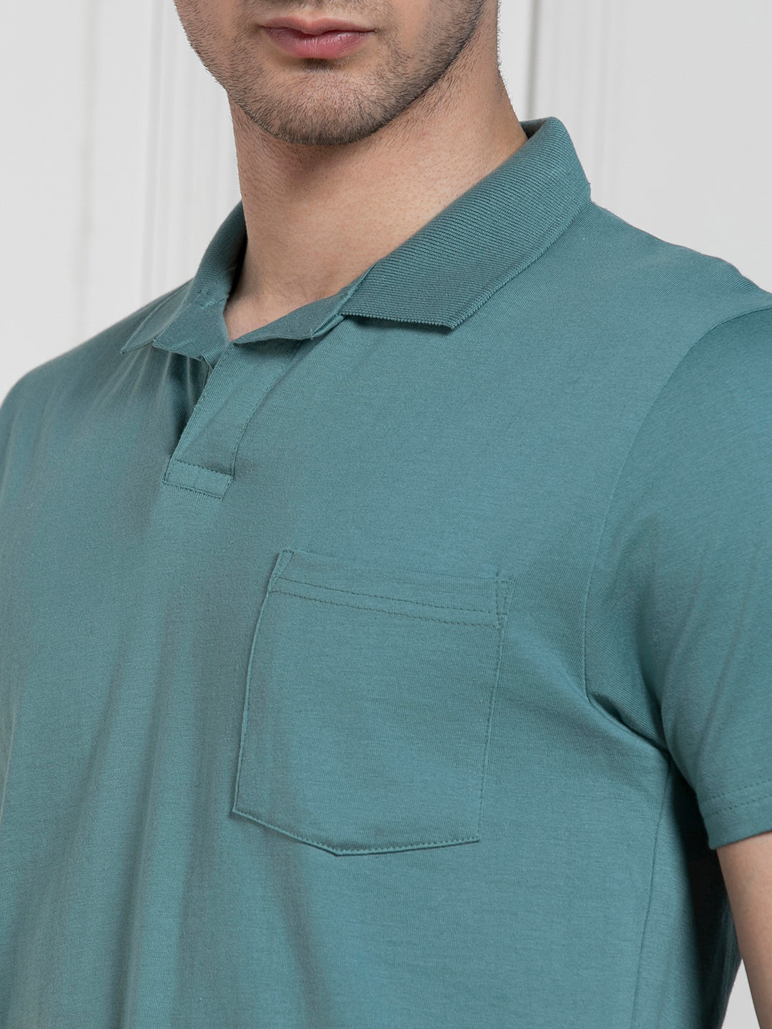 Men's Green Polo Collar Solid Regular Fit T-Shirt