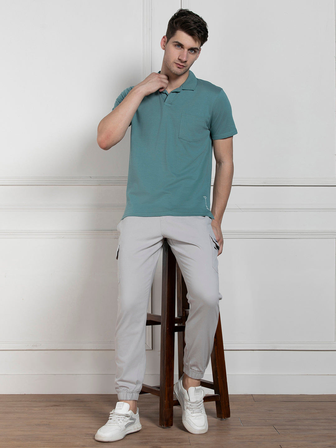Men's Green Polo Collar Solid Regular Fit T-Shirt