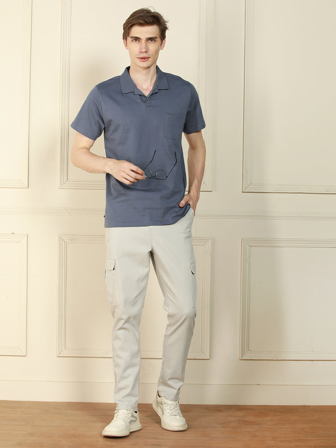 Men's Grey Polo Collar Solid Cotton T-Shirt