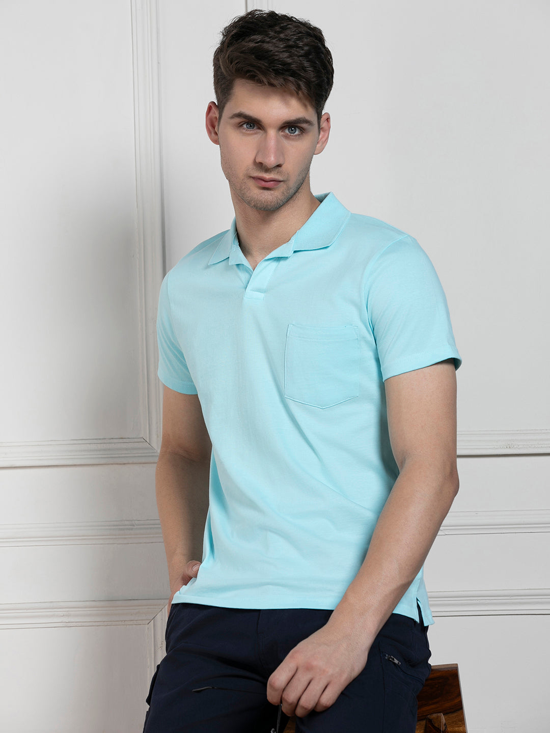 Dennis Lingo Men's Light Blue Polo Collar Solid Regular Fit T-Shirt