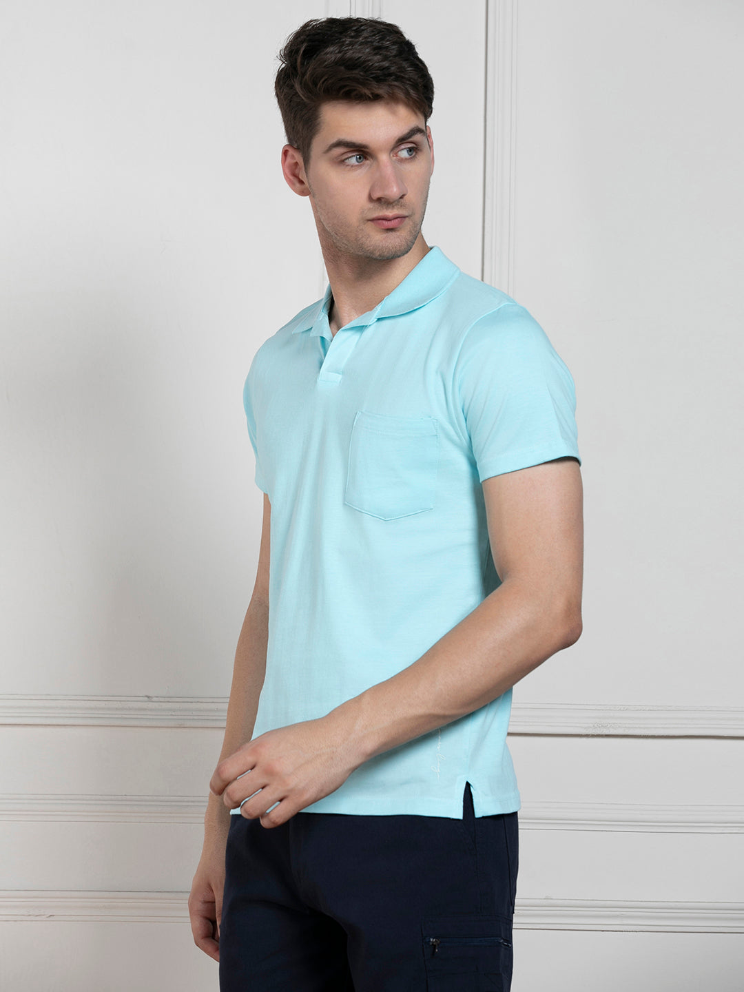 Men's Light Blue Polo Collar Solid Regular Fit T-Shirt