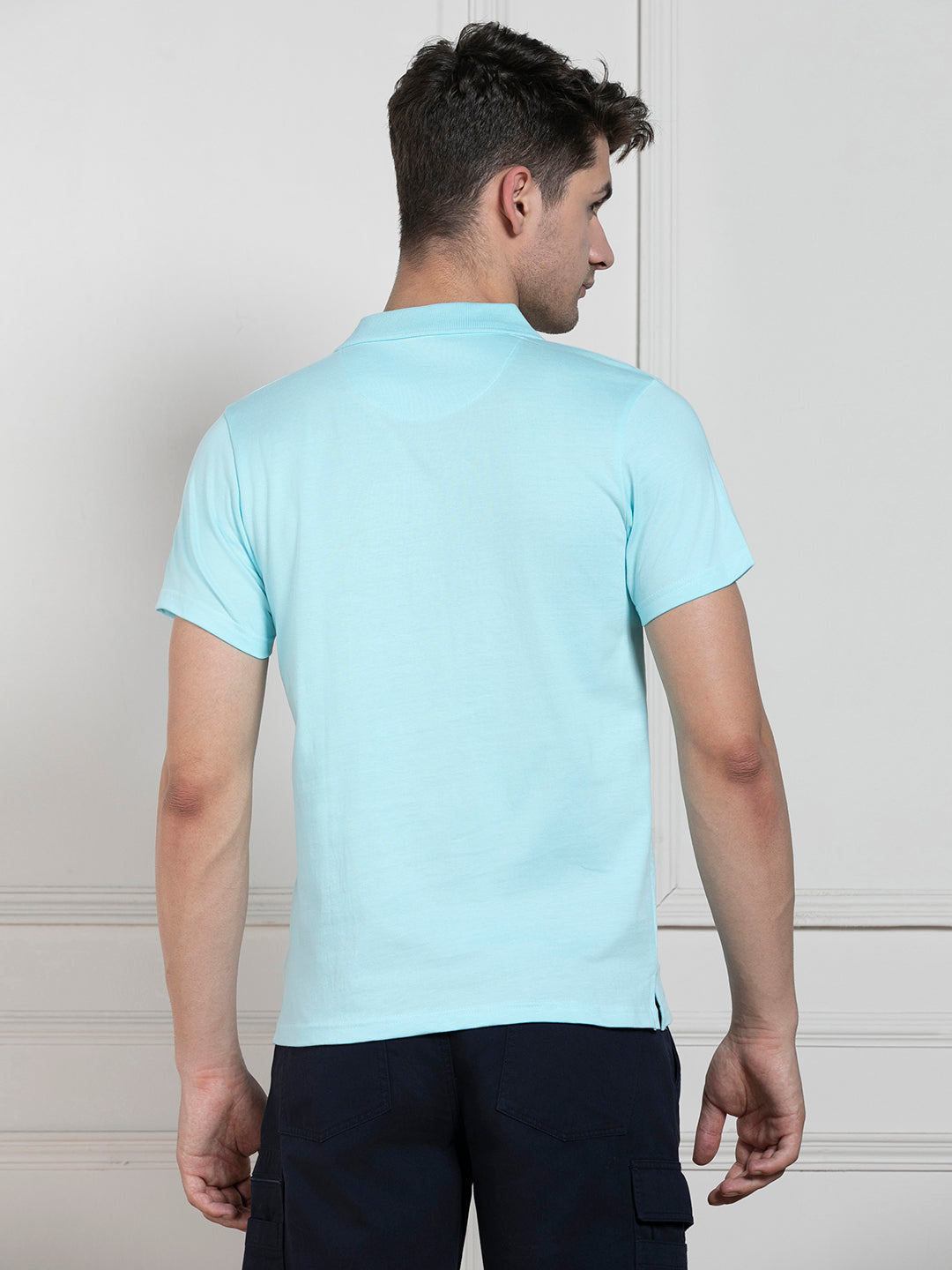 Men's Light Blue Polo Collar Solid Regular Fit T-Shirt