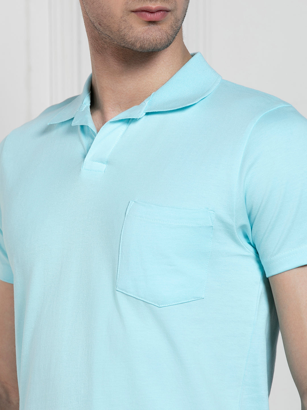 Men's Light Blue Polo Collar Solid Regular Fit T-Shirt