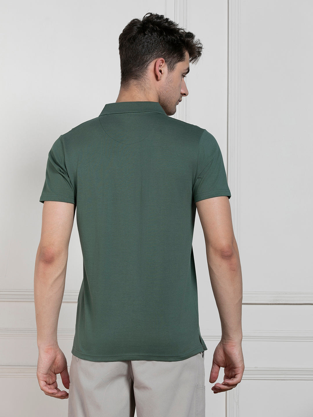 Men's Olive Polo Collar Solid Regular Fit T-Shirt