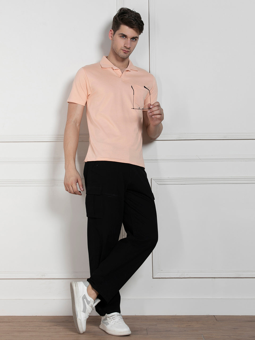 Men's Peach Polo Collar Solid Regular Fit T-Shirt