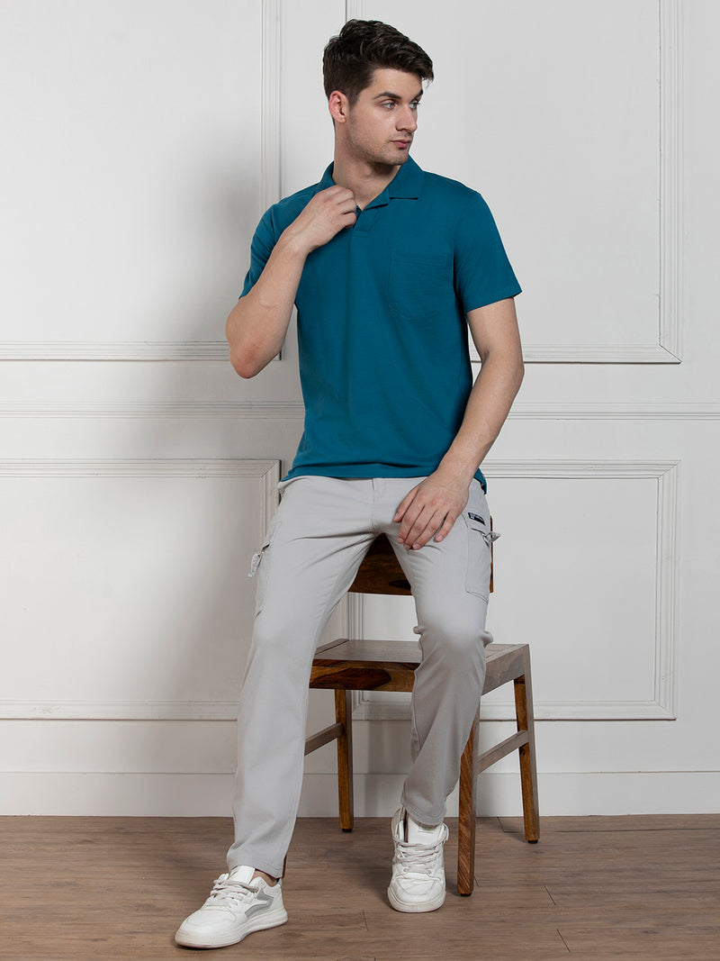 Dennis Lingo Men's Teal Polo Collar Solid Regular Fit T-Shirt