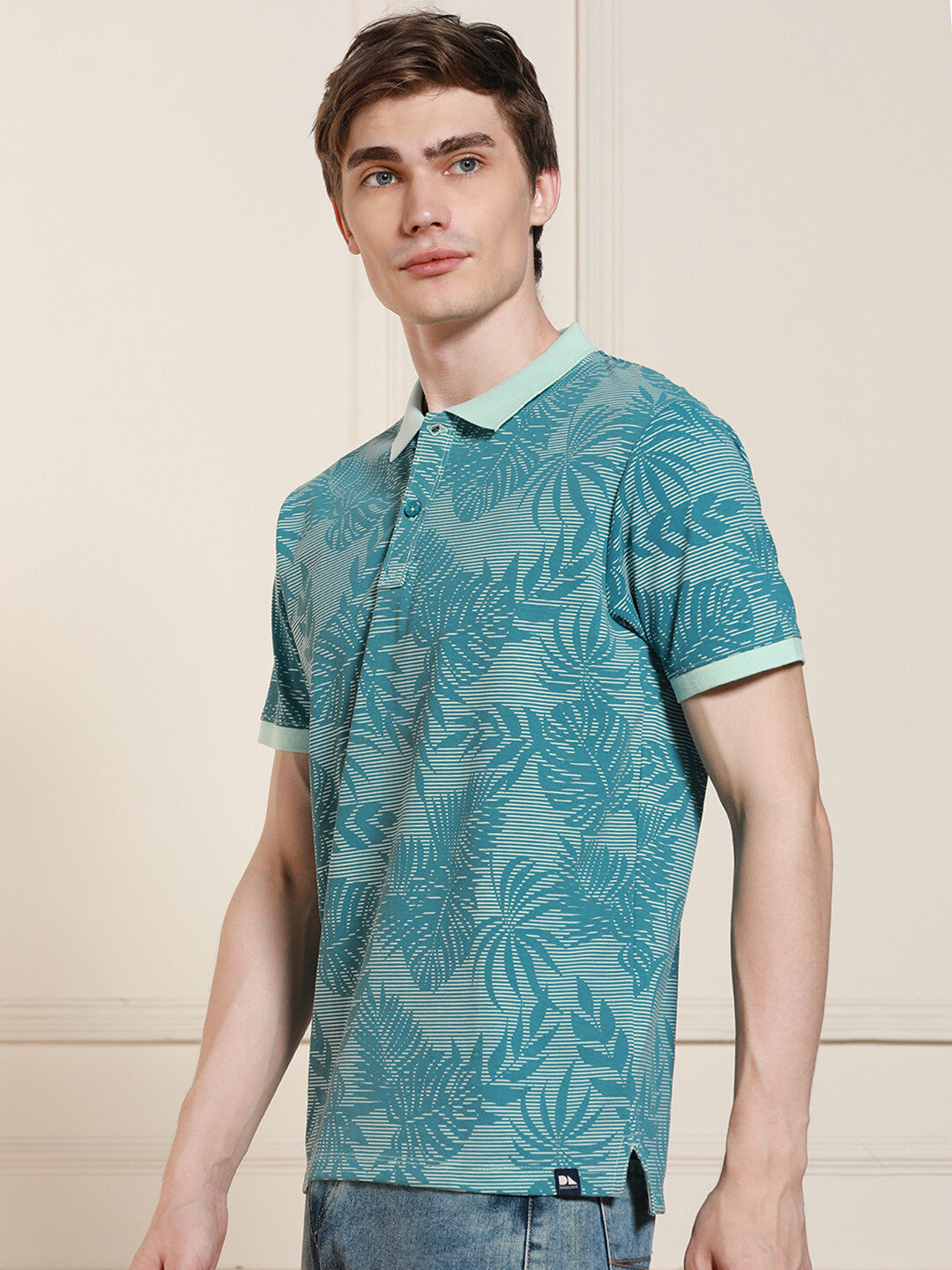 Men's Light Blue Printed  Polo Collar Half Sleeves Casual T-Shirt