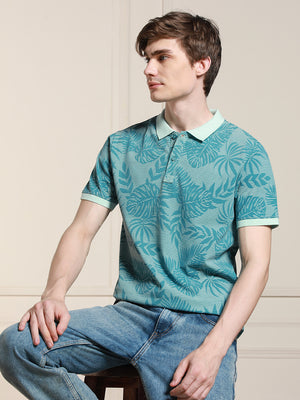 Men's Light Blue Printed  Polo Collar Half Sleeves Casual T-Shirt
