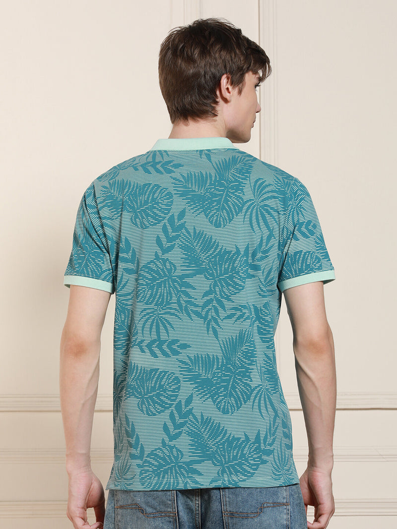 Men's Light Blue Printed  Polo Collar Half Sleeves Casual T-Shirt
