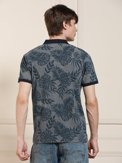 Men's Navy Printed  Polo Collar Half Sleeves Casual T-Shirt