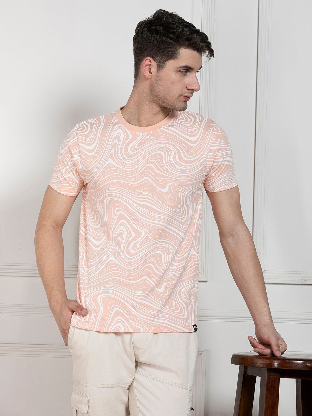 Dennis Lingo Men's Peach Round Neck Printed Regular Fit T-Shirt