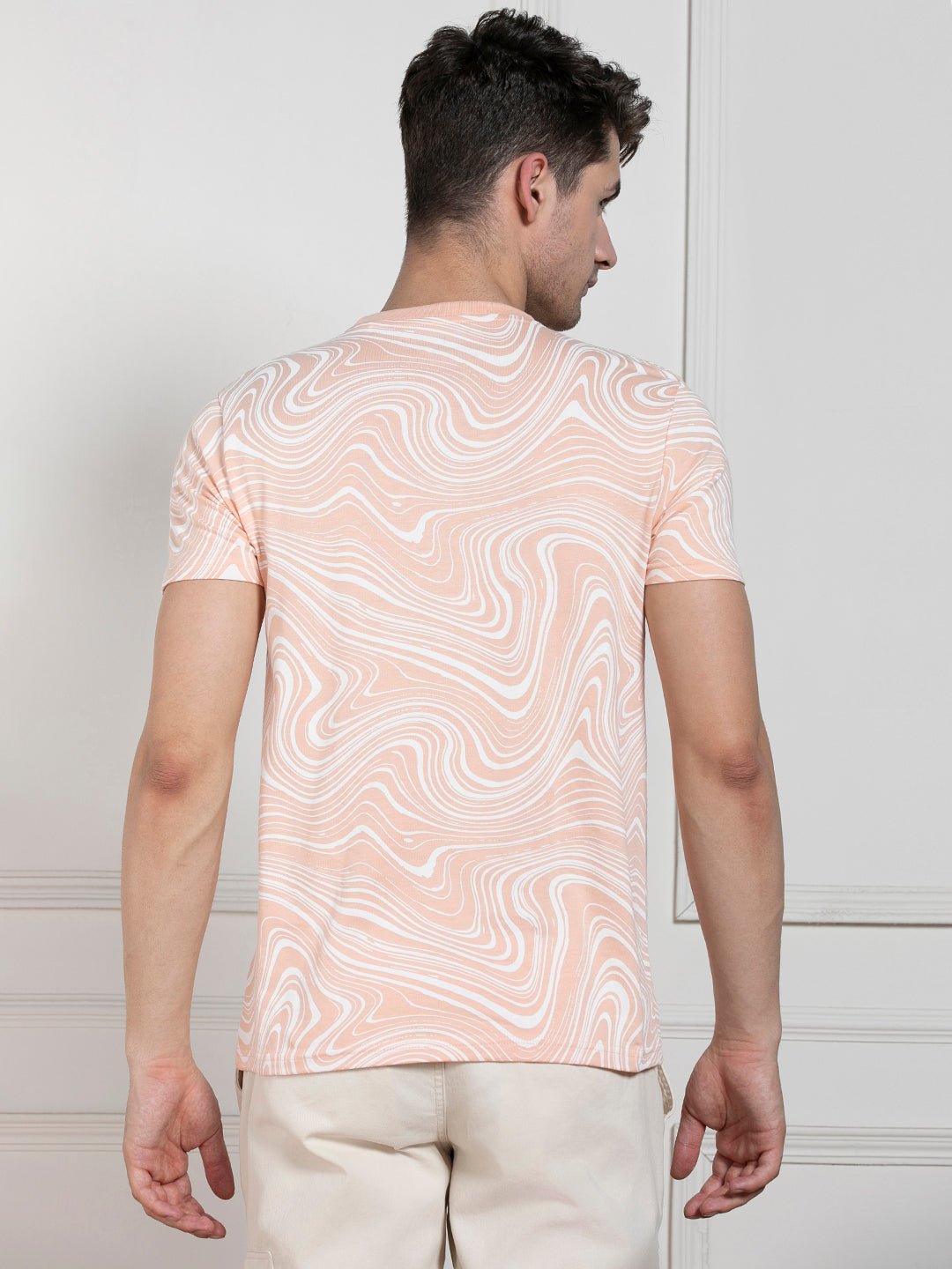 Men's Peach Round Neck Printed Regular Fit T-Shirt