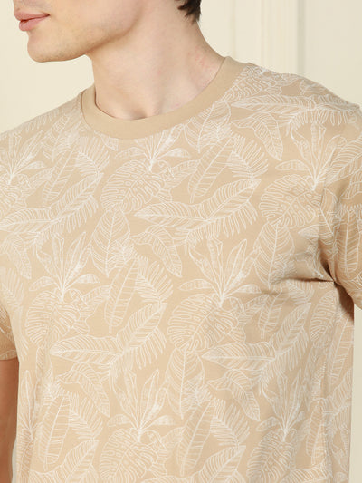 Men's Off-White Round Neck Printed Cotton T-Shirt