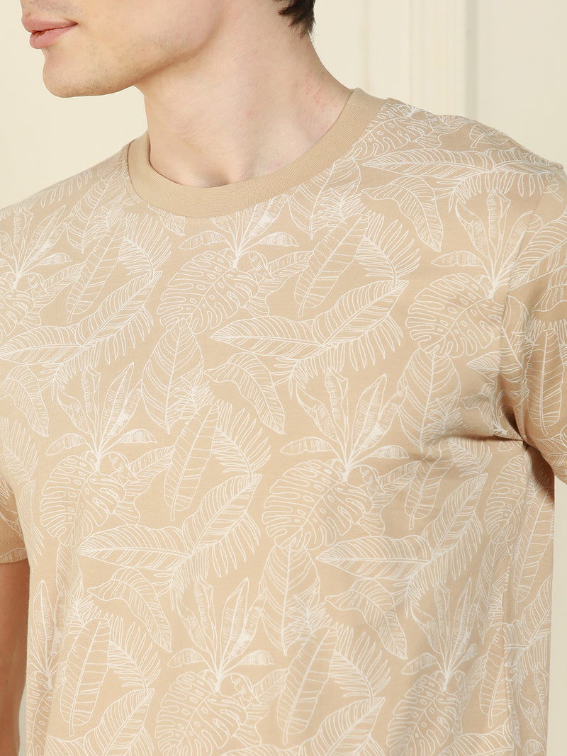 Men's Off-White Round Neck Printed Cotton T-Shirt