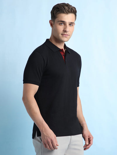 Men's Black Solid Polo Collar Half Sleeves T-shirt
