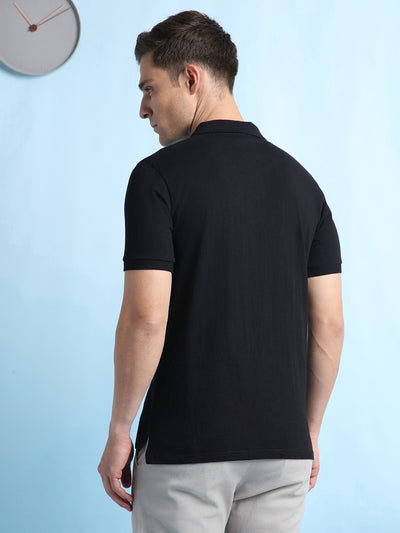 Men's Black Solid Polo Collar Half Sleeves T-shirt