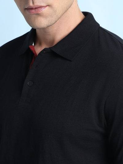 Men's Black Solid Polo Collar Half Sleeves T-shirt