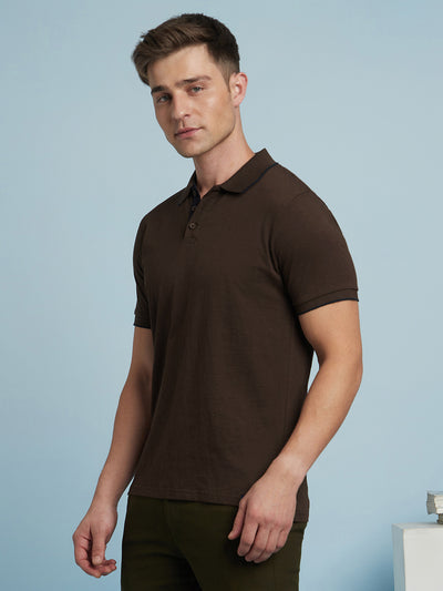 Men's Brown Solid Polo Collar Half Sleeves T-shirt
