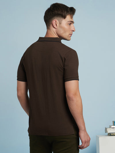 Men's Brown Solid Polo Collar Half Sleeves T-shirt
