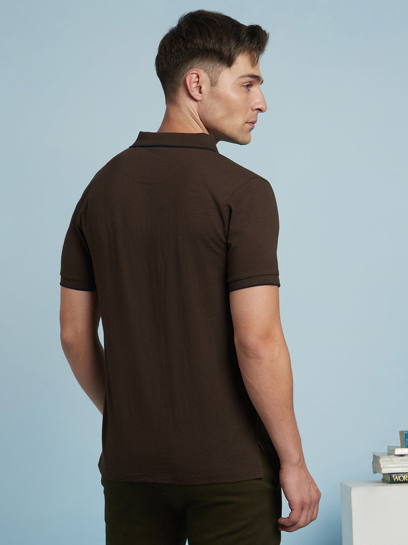 Men's Brown Solid Polo Collar Half Sleeves T-shirt