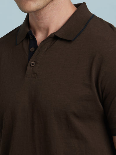Men's Brown Solid Polo Collar Half Sleeves T-shirt