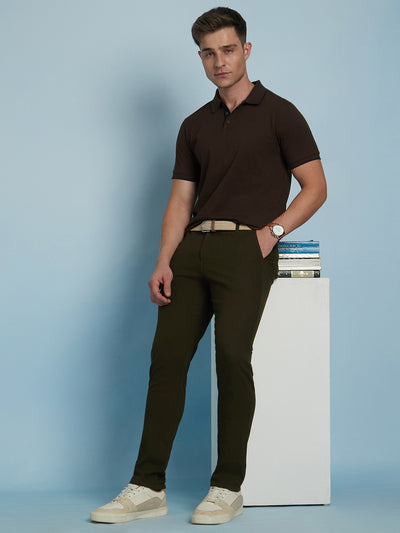 Men's Brown Solid Polo Collar Half Sleeves T-shirt