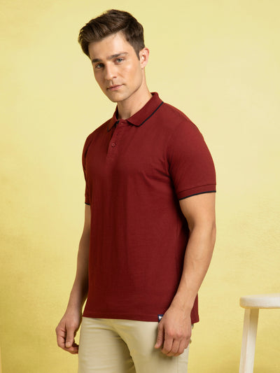Men's Maroon Solid Polo Collar Half Sleeves T-shirt