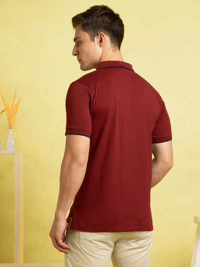Men's Maroon Solid Polo Collar Half Sleeves T-shirt