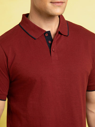 Men's Maroon Solid Polo Collar Half Sleeves T-shirt