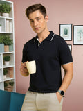 Men's Navy Solid Polo Collar Half Sleeves T-shirt