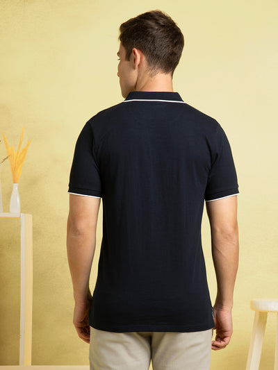 Men's Navy Solid Polo Collar Half Sleeves T-shirt
