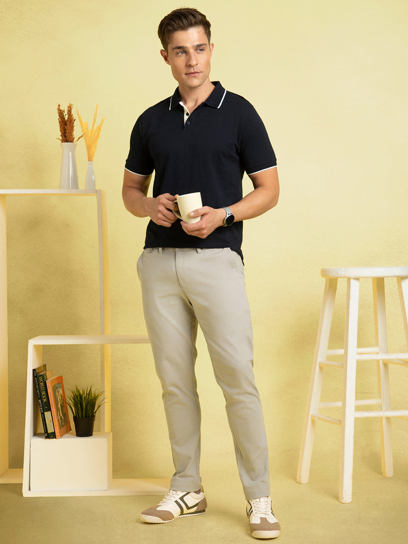 Men's Navy Solid Polo Collar Half Sleeves T-shirt