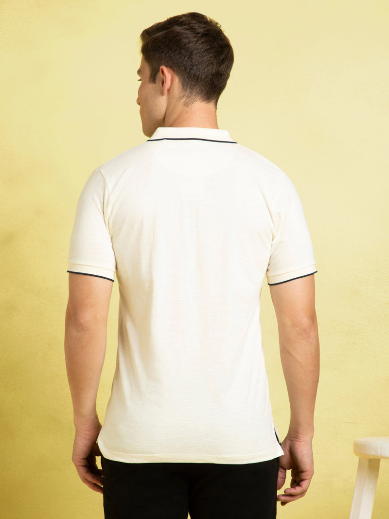Men's Off-White Solid Polo Collar Half Sleeves T-shirt