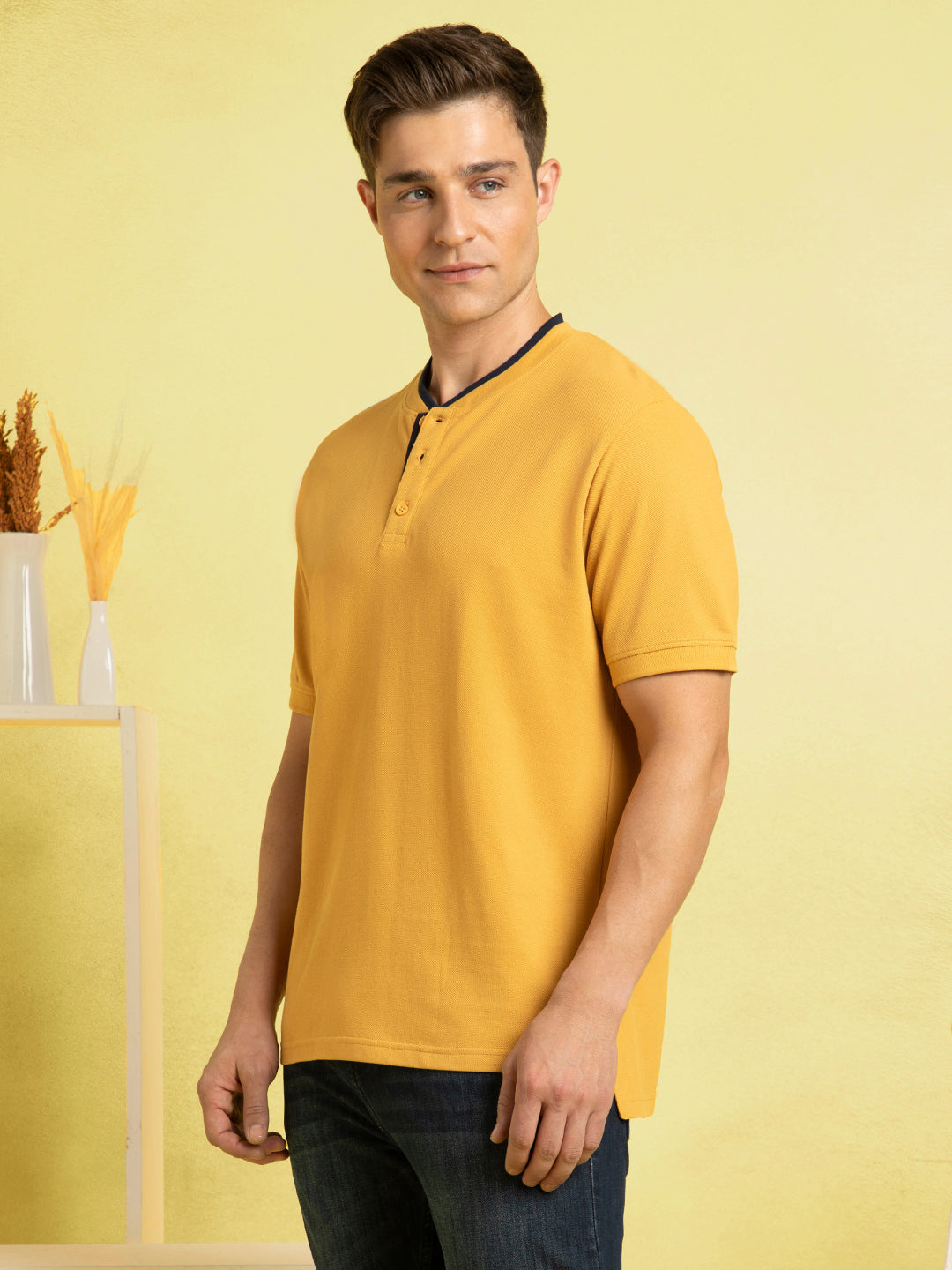 Men's Mustard Solid Henley Neck Half Sleeves T-shirt
