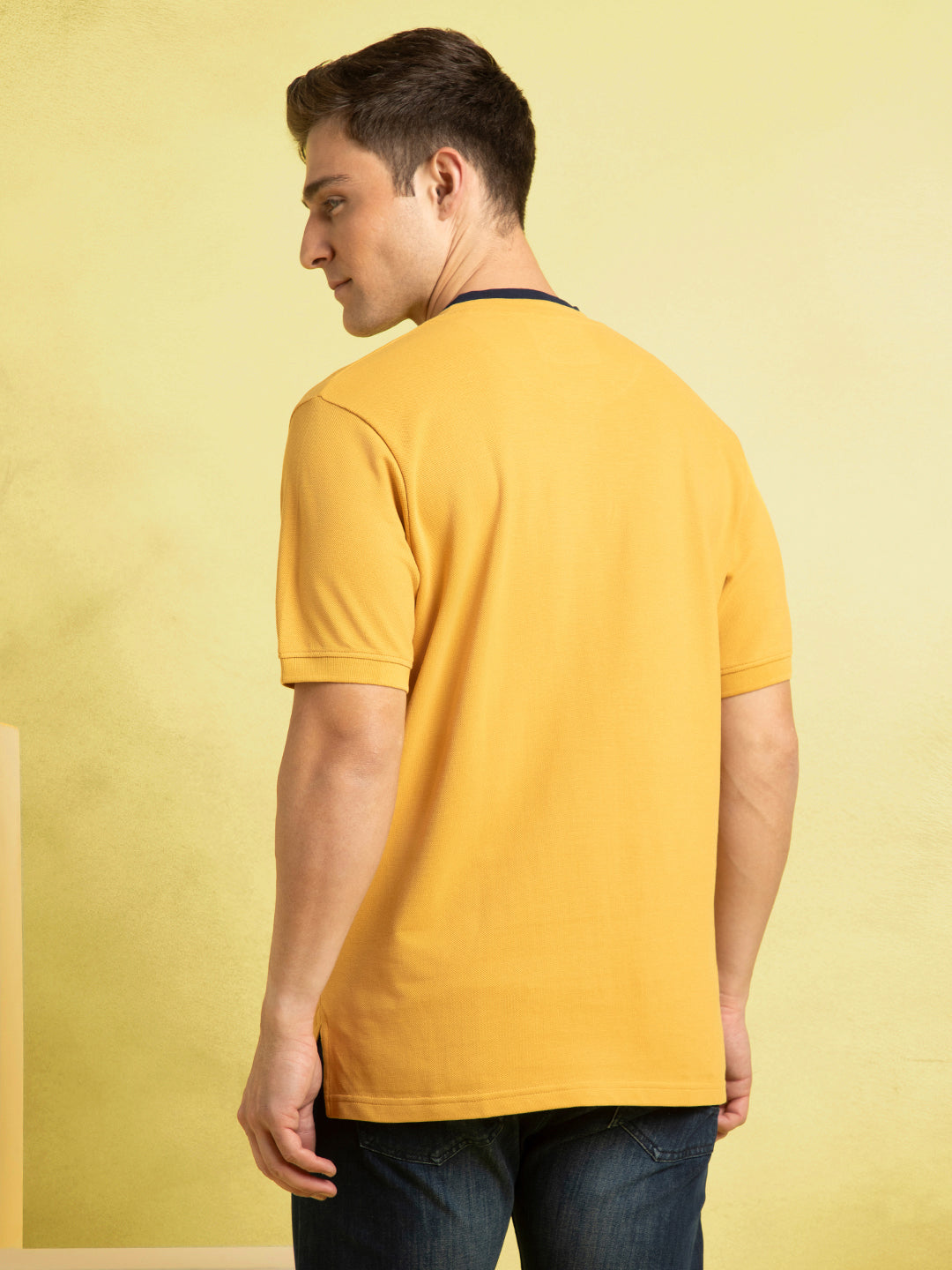 Men's Mustard Solid Henley Neck Half Sleeves T-shirt