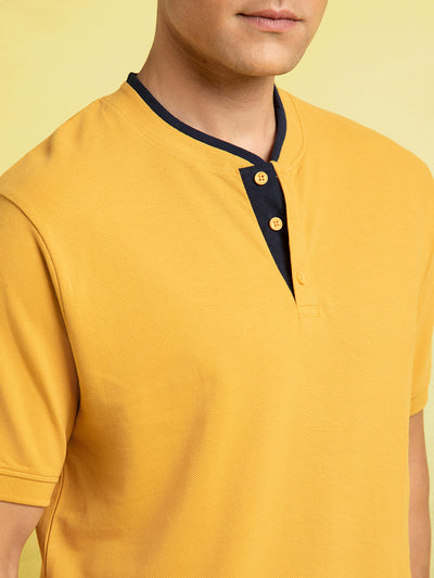 Men's Mustard Solid Henley Neck Half Sleeves T-shirt