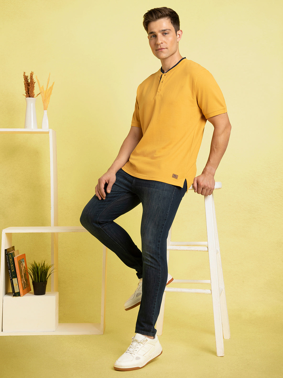 Men's Mustard Solid Henley Neck Half Sleeves T-shirt