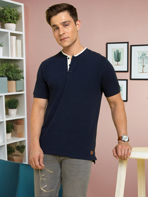 Men's Navy Solid Henley Neck Half Sleeves T-shirt