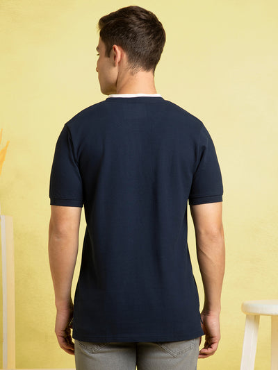 Men's Navy Solid Henley Neck Half Sleeves T-shirt