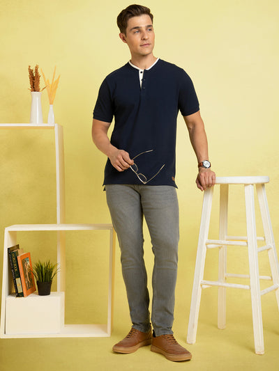 Men's Navy Solid Henley Neck Half Sleeves T-shirt